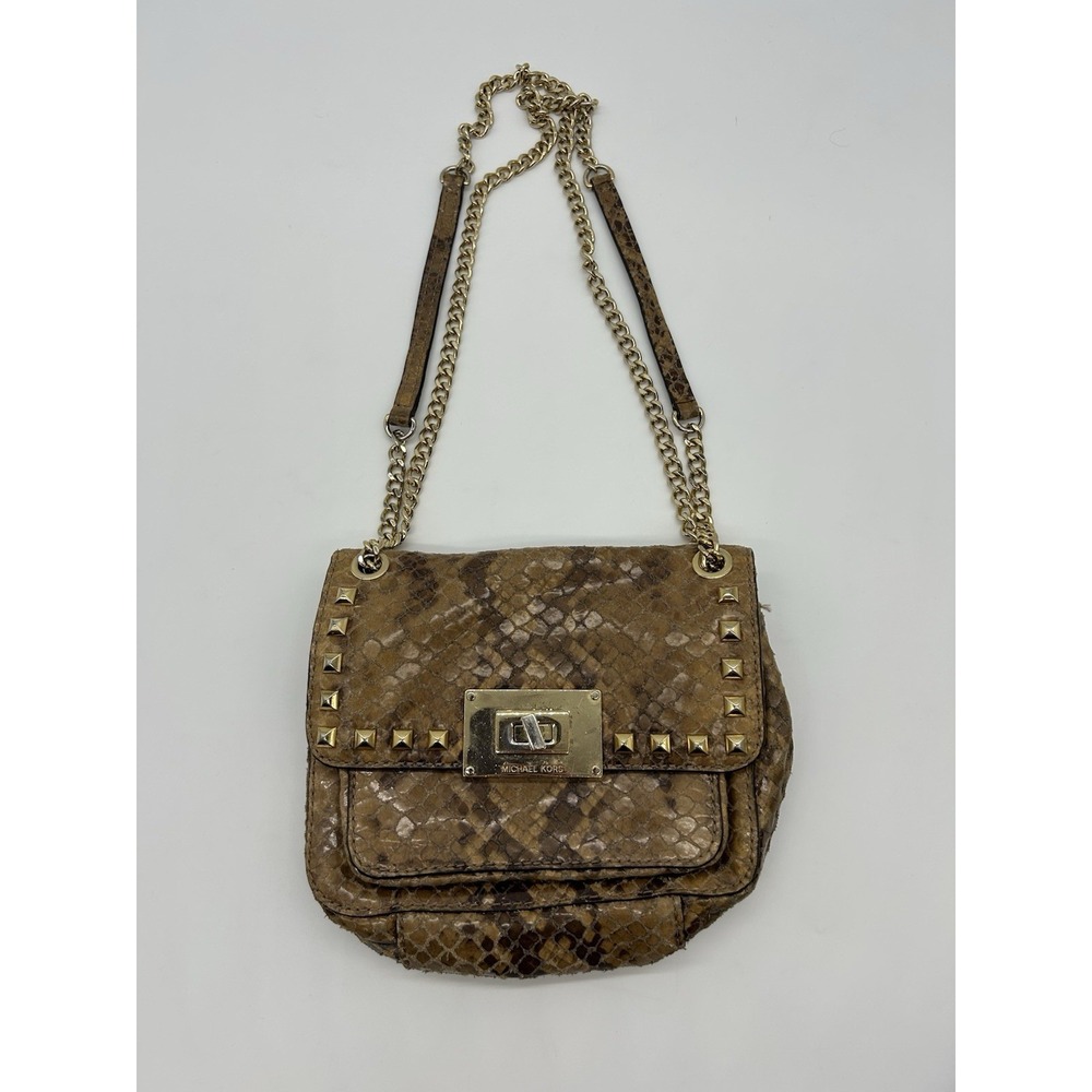 MICHAEL‎ KORS Selma Python Embossed Leather Studded Shoulder Bag Gold Chain Flap